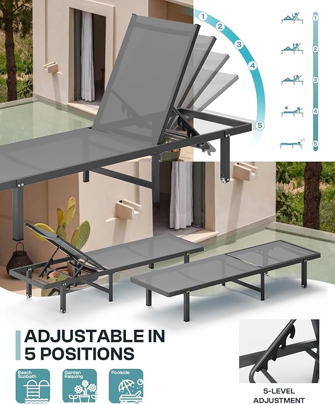 Chaise Lounge Outdoor, Pool Lounge Chairs with Wheels and 5-Position Recliner -Easy to Move- Aluminum Patio Lounge Chair for Poolside, Deck (Darkgray)