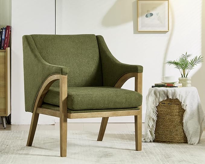 CIMOTA Mid Century Modern Accent Chair with Barrel Back, Upholstered Armchair Comfy Reading Chair with 4" Thick Cushion, Solid Wood Legs for Living Room/Bedroom/Reading Corner, Linen Fabric, Green