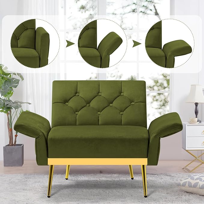 ACMEASE Velvet Accent Chair w/Adjustable Armrests and Backrests, Tufted Single Sofa with Ottoman, Upholstered Reading Chiar for Living Room, Apartment, Bedroom, Olive Green