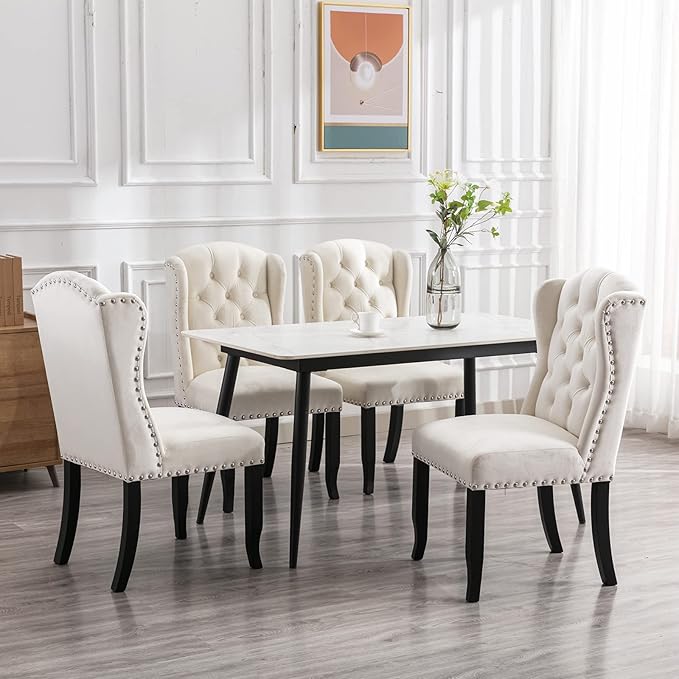 DUOMAY Modern Tufted Dining Chairs Set of 6, Velvet Upholstered Dining Room Chairs Armless Guest Side Chair for Kitchen Dining Room, Wingback Accent Chairs with Solid Wood, White