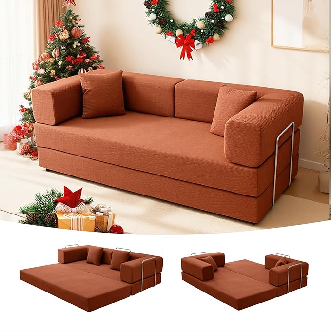 79 Inch Convertible Sofa Bed Couch in Box, 5 in 1 Folding Modular Boneless Couch with Pull Out Bed 2 Pillows, Soft Corduroy Floor Futon Lounge Loveseat Sleeper Lazy Cama No Assembly Orange
