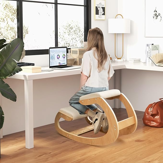 Giantex Ergonomic Kneeling Desk Chair, Rocking Knee Chair with Cushion & Solid Wood Frame, Natural Relief for Neck or Back Pain, Posture Chair for Desk, Home, Office, Max Load 330 Lbs (Beige)