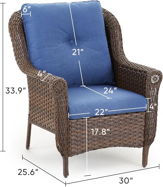 ACTREST Patio Wicker Chairs Outdoor Furniture Chair - Set of 4 Outside All Weather Lawn Dining Brown Rattan Armchair with High Back&Deep Seating for Deck Porch Balcony Backyard Garden - Navy Blue