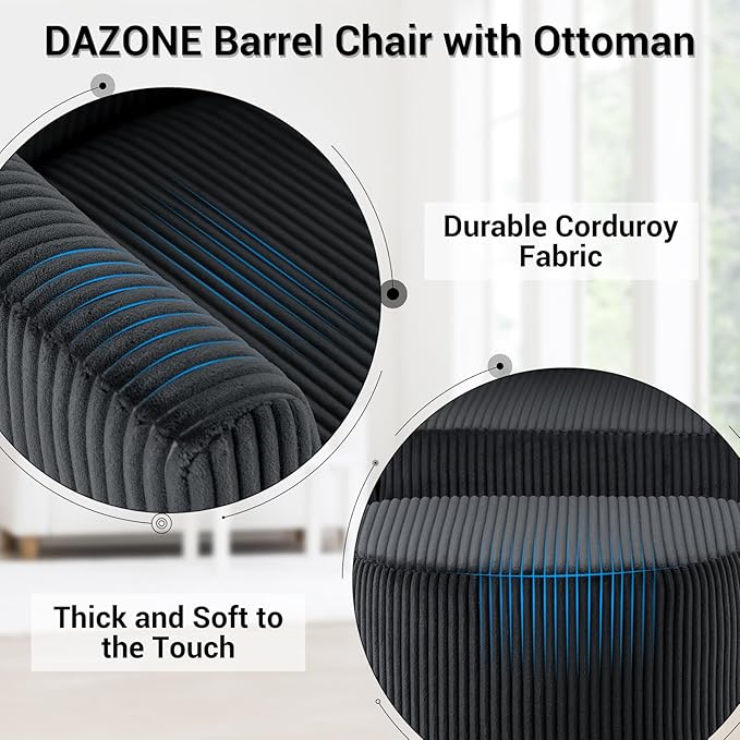 DAZONE Accent Chairs Set of 2, Barrel Chair with Ottoman Comfy Armchair Corduroy Living Room Chairs Mid Century Modern Chair Upholstered Club Tub Sofa Chair for Bedroom Reading Room Charcoal