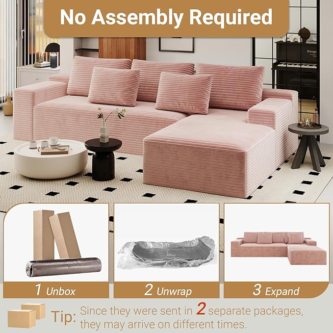KAPEETOO Modular Sectional Sofa Cloud Couch for Living Room, Right L Shaped Boneless Couch with Chaise Longue, Oversize 3-Seater Sectional Sleeper Sofa Set with Deep Seat Bedroom (Pink)