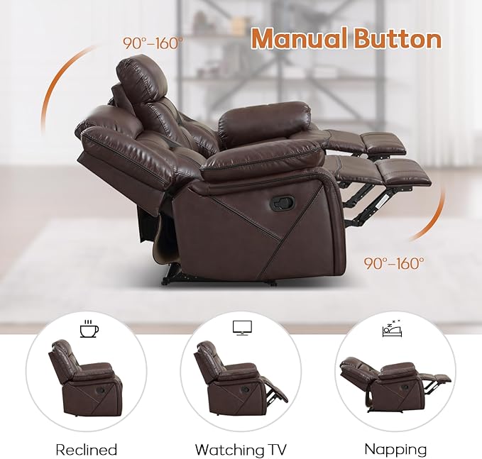 EBELLO Manual Recliner Sofa Set, Faux Leather Reclining Living Room Furniture Set, Included Loveseat and 3 Seat Manual Recliner Sofa, Dark Brown(Loveseat+Sofa)
