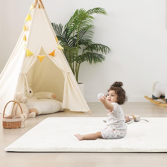 PaPaMat 1.5" Thick Baby Play Mat for Floor, 50x50 Playpen Mat, Pro Soft Flannel Foam Mats Toddler Infant Kids Crawling for Nursery Rug Playroom Living Room Waterproof Easy Care Non-Slip (Cream)