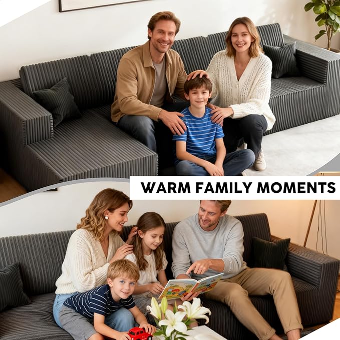 Komusou 142" Boneless Couch, Cloud Modular Sectional Sofa with L-Shape Chaise and Deep Seat, Modern Upholstered Couches for Living Room Bedroom No Assembly Required (Grey, Left Facing Chaise)