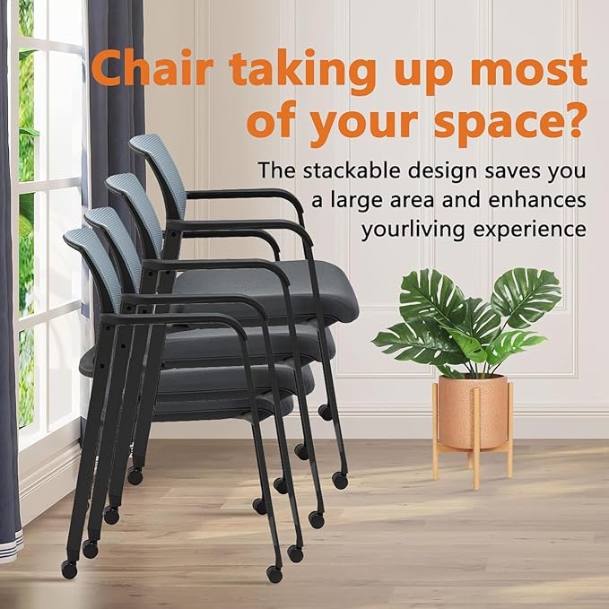 CLATINA Rolling Conference Room Chairs, 1 Pack Stackable Conference Room Chairs with Wheels and Paddle, Ergonomic Mesh Back and Arms for Meeting, Conference, Training Room & Home Office (Grey)