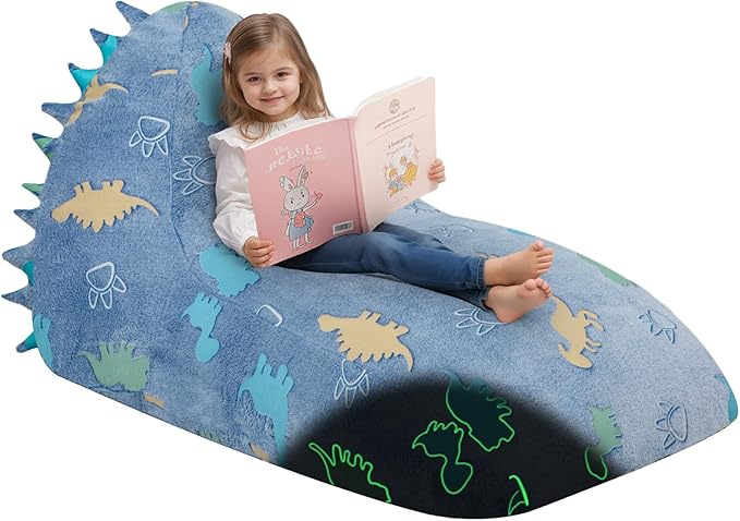 COMAX Dinosaur Bean Bag Chairs for Kids 8-12, Kid Beanbag Chair with Filler, Toddler Lounge Bean Chair, Children Lazy Floor Lounger for Girls Boys, Blue Dino