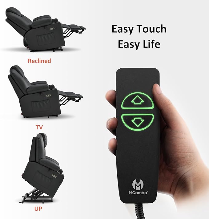 MCombo Large Power Lift Recliner Chair with Massage and Heat for Tall Elderly People, 3 Positions, Cup Holders, and USB Ports, Faux Leather 7516 (Large, Black)