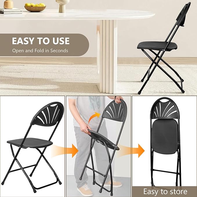 Folding Chairs 10 Pack, Heavy-Duty Plastic Foldable Chairs with Sturdy Metal Frame, 350 lbs Capacity, Fashion Stackable Portable for Weddings, Parties, Office, Indoor, Outdoor Events, Black