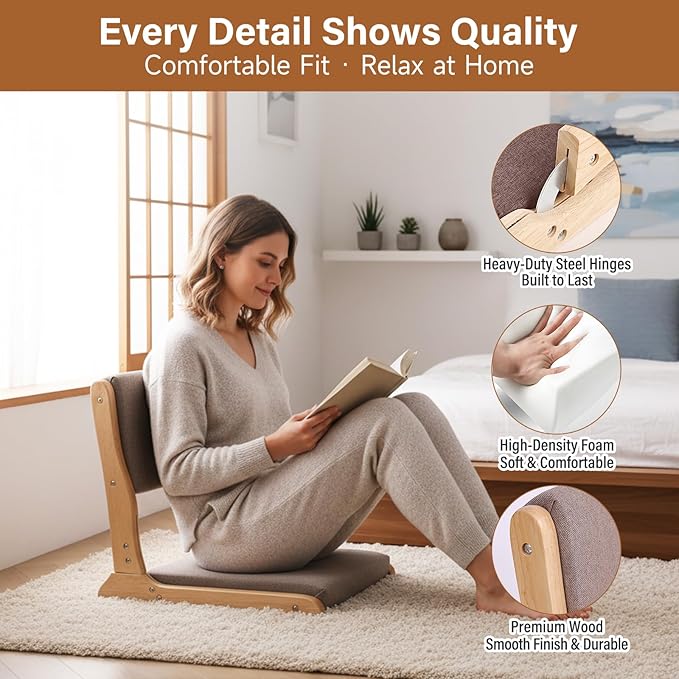 Tiita 2Pcs Floor Games Chair, Foldable Meditation Tatami Chairs, Backrest Chair with Cushion, Living Room Chair Seat, Wood Grey