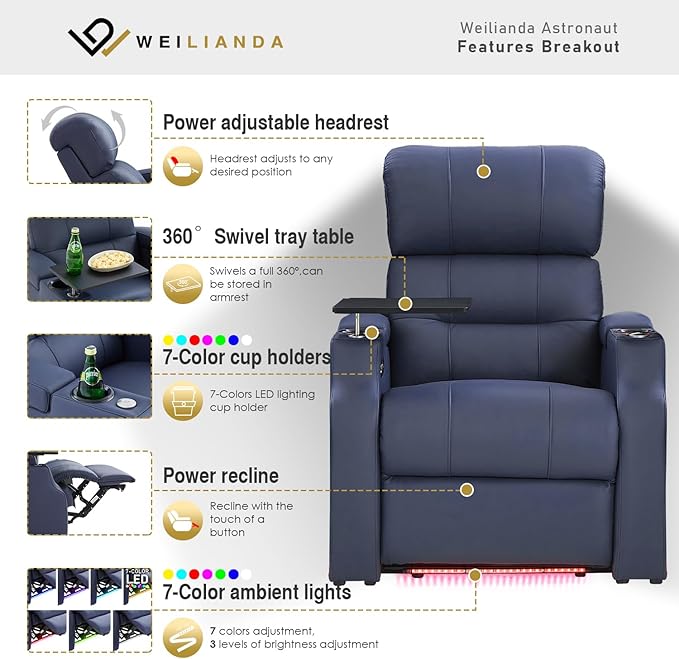 Weilianda Home Theater Seating, Top Grain Leather Sectional Seats Recliner Chair, Zero Gravity Reclining Sofa with Power Headrest 7 Colors Ambient Lighting USB C Charge Row of 4 Loveseat Right Blue