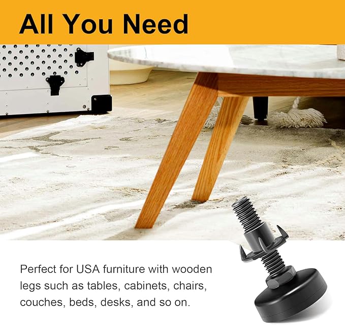 Mrosnail 12Pcs Adjustable Furniture Leveling Feet with T-Nuts, 3/8"-16 UNC Thread Screw-in Furniture Levelers for Tables, Sofas, Shelves, Cabinets
