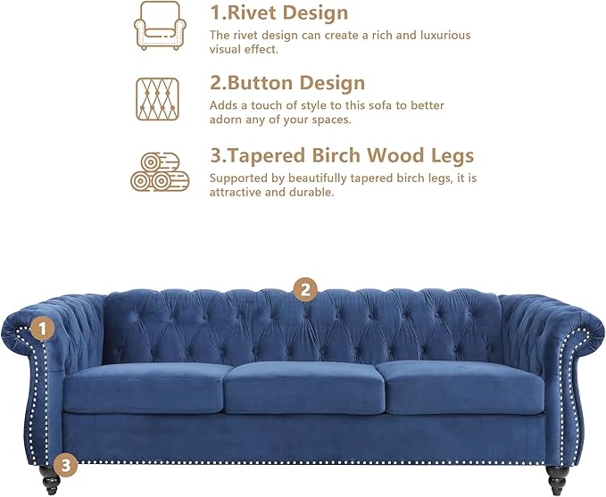 QHITTY Accent Large Sofa, Chesterfield Couch 3 Seater Modern Velvet Couch Upholstered Sofa with Tufted Back for Living Room Furniture (Blue)