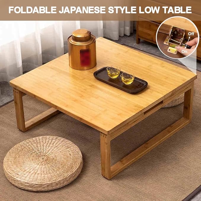 Foldable Low Table Bamboo Japanese-Style Coffee Table Square Tea Table Household Kang Small Dining Table Kids Art Meditation Table, for Tatami Bedroom Bay Window (Size:23.6 * 23.6 * 10.2in)