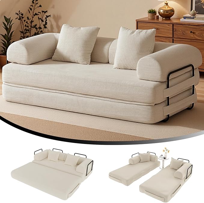 79" Folding Convertible Sofa Bed Floor Mattress Sleeper Sofa Boneless Loveseat with Fixed-Shape Frame Connecting Zippers for Living Room Bedroom Small Space