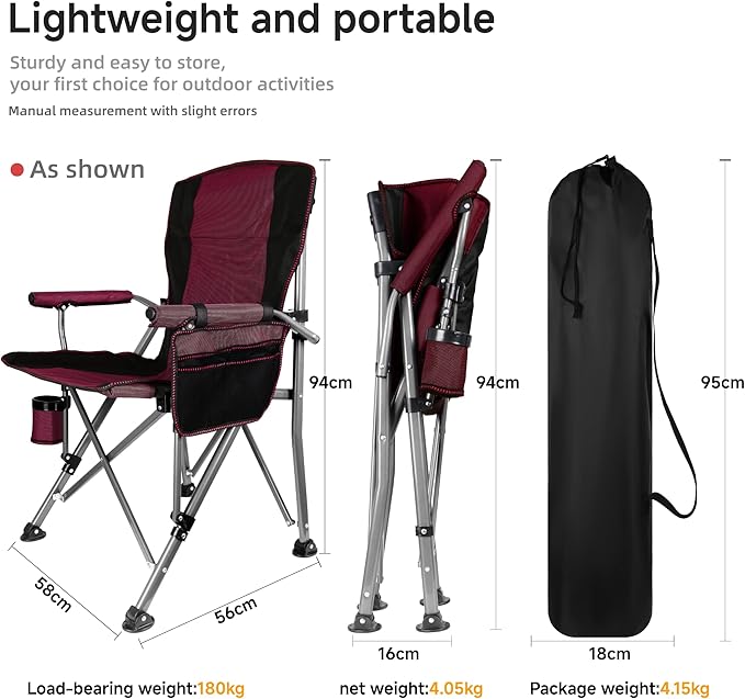 Folding Camping Chair with Cup Holder and Storage Bag, Heavy Duty Support 400 LBS, Oversized Collapsible Portable Camping Chair for Outdoor Camp, Picnic, Travel, Fishing Rose Red