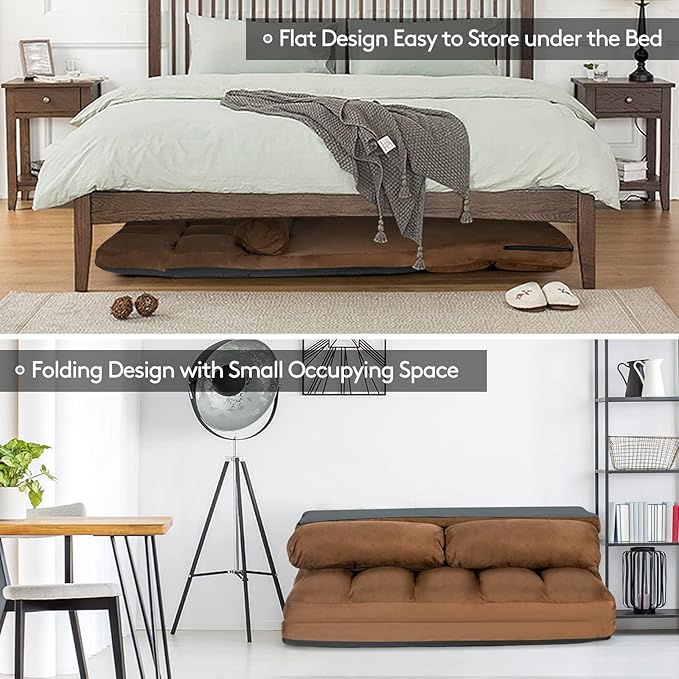 DORTALA Foldable Floor Sofa, 6-Position Adjustable Lounge Couch with 2 Pillows & Suede Cloth Cover, Modern Lounge Mattress Video Gaming Lazy Couch, Suede Floor Seating Sofa, 71" x 44.5", Beige