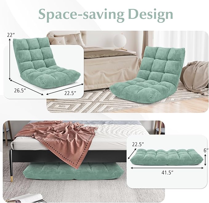 ARLIME Adjustable Floor Chair, 14-Position Lazy Sofa Chair with Back Support & Thick Padding, Portable Foldable Floor Couch for Adults, Kids, Use in Bedroom, Living Room, Home Theater (Green)