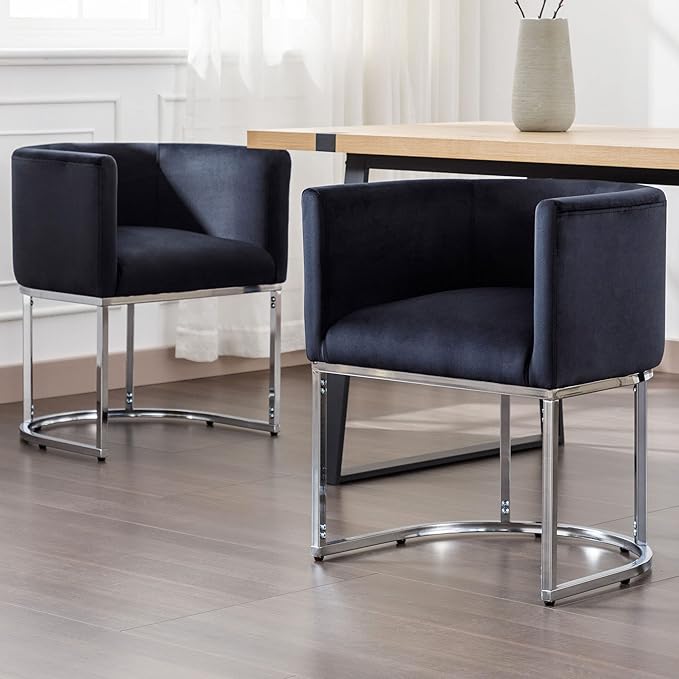 VESCASA Velvet Upholstered Dining Chairs with Barrel Back, Mid Century Modern Padded Restaurant Chairs with Chrome Metal Frame for Kitchen, Dining Room, Set of 3, Black