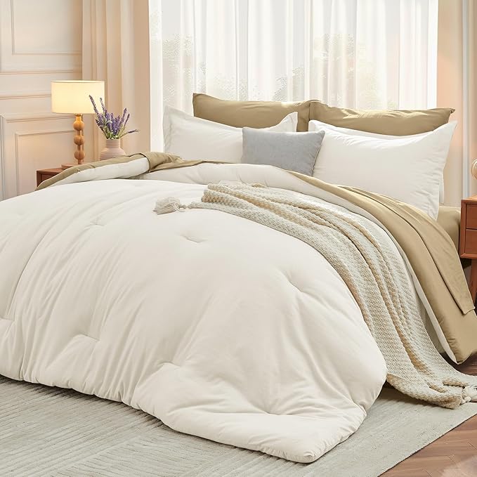 MUXHOMO 7 Pieces King Comforter Set, Soft Bed in a Bag King Size, All Season Bedding Set with Comforter, Flat Sheet, Fitted Sheet, Pillowcases & Shams, Ivory & Khaki