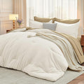 MUXHOMO 7 Pieces King Comforter Set, Soft Bed in a Bag King Size, All Season Bedding Set with Comforter, Flat Sheet, Fitted Sheet, Pillowcases & Shams, Ivory & Khaki