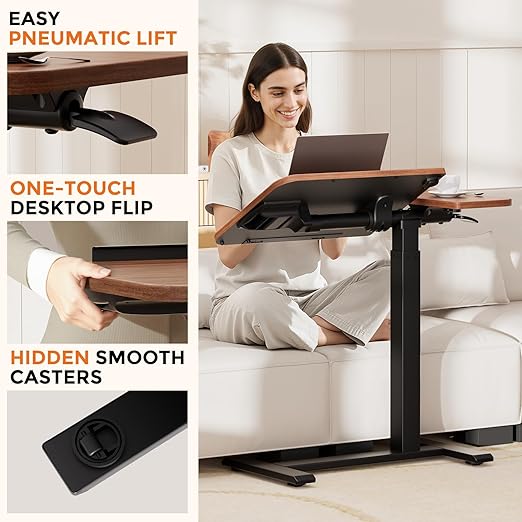 GTRACING Overbed Bedside Table with Wheels,Tiltable Hospital Bed Table Over The Bed, Pneumatic Adjustable Rolling Laptop Desk, Mobile Standing Desk for Hospital and Home Use (Walnut)