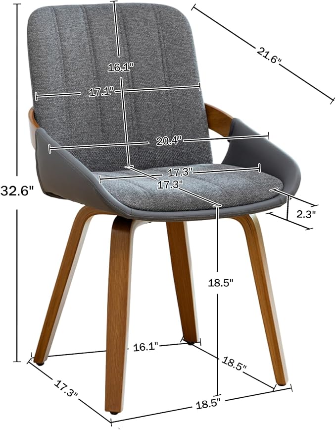 YOUUGIOR Dining Room Chairs Set of 4, Mid Century Modern Gray Fabric+Faux Leather Kitchen Chairs No Arms,Bamboo Legs Side Chairs No Wheels,Accent Chair for Dining Rooms