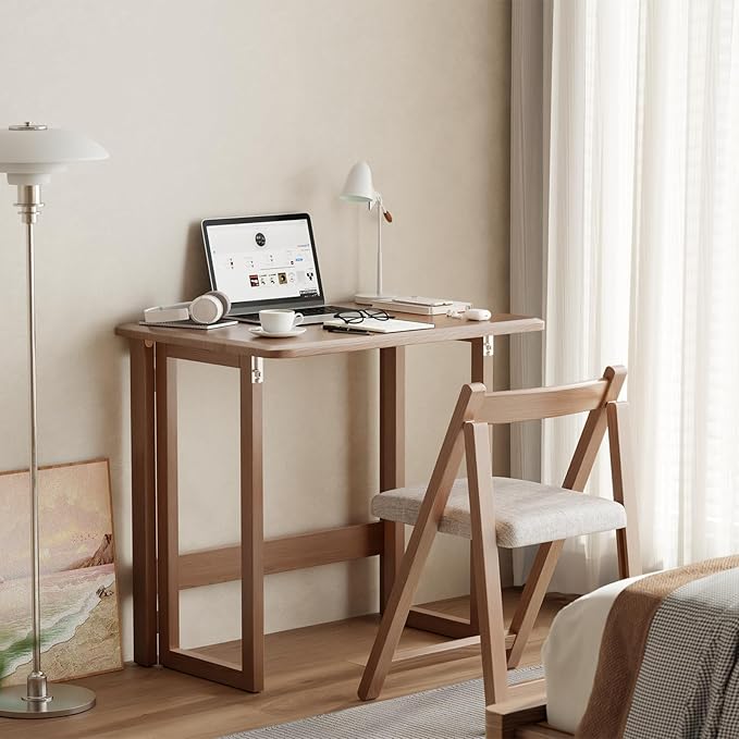 WoodsWhisper Solid Wood Folding Desk, Mid Century Modern Home Office Desk,Adjustable Foldable Computer Desk for Small Spaces,31.5" Foldable Computer No Assembly Small Writing Desk