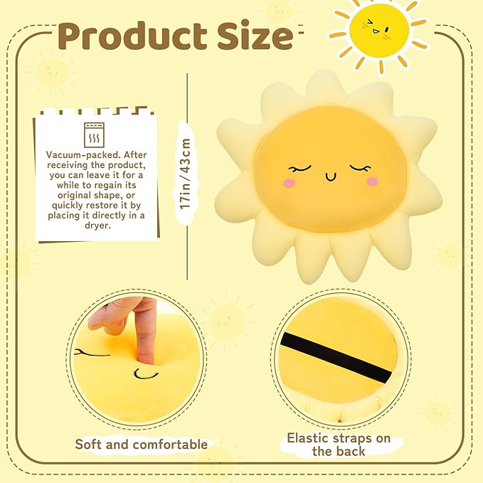 Juexica 1 Pcs Sun Pillow Plush Sofa Cushion Cute Stuffed Sun Shaped Floor Pillow Car Throw Soft Toy for Kids Women Girls Bed Home Decoration (13.7 Inch)
