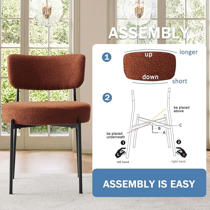 Stabrech Brown Boucle Dining Chairs Set of 2, Upholstered Dinner Chair with Metal Frame, Dining Room Chairs with Padded Seat, Round Modern Seating for Living Room