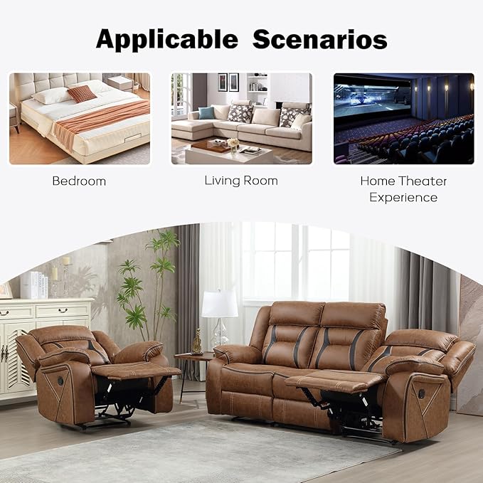 EBELLO Faux Leather Recliner Sofa Furniture Set for Living Room, 2 Recliner Chairs, 3 Seat Reclining Sofa Couch Set for Meeting Room, Brown