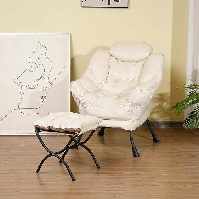 Modern Lazy Chair with Ottoman, Comfortable Lounge Chair for Bedroom, Chair and Ottoman Set, Lounge Accent Chair with Footrest for Bedroom, Garden and Courtyard (White)