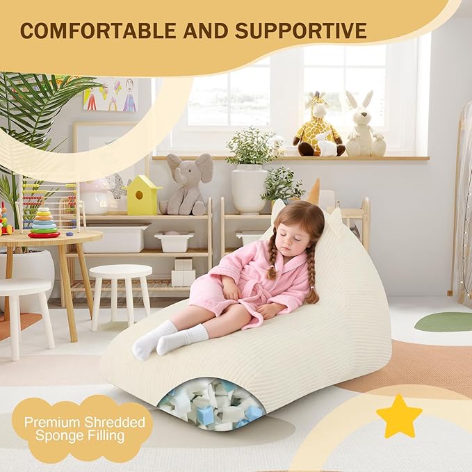 COMAX Bean Bag Chairs for Kids, Unicorn Kid Beanbag Chair with Filler, Toddler Lounge Bean Chair Corduroy, Lazy Floor Lounger for Girls and Boys Stuffed, Beige