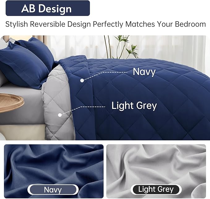 MUXHOMO 5 Pieces Twin XL Comforter Set, Reversible Bed in a Bag Twin XL Size, All Season Bedding Set with Comforter, Flat Sheet, Fitted Sheet, Pillowcases & Shams, Navy & Light Grey