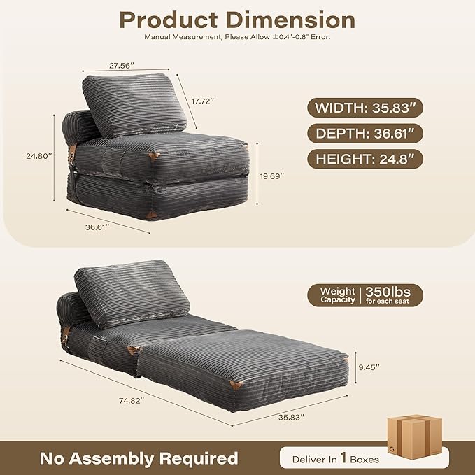 75'' Foldable Sofa Bed,Convertible Folding Sleeper Chair Bed,Grey Foldable Single Sofa Foam Filling Couch with Pillow, Comfy Corduroy Lazy Floor Sofa for Small Room Bedroom Apartment