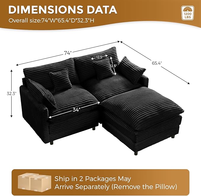 HYJT-H&K 74" L Shaped Cloud Couch Modular Small Sectional Couches for Living Room Small Spaces, Comfy Fluffy Corduroy Cloud Loveseat with Ottoman 3 Seat Sectionals Sofa, Black