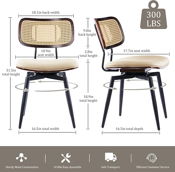Quenvo Swivel Dining Chairs with Rattan Back, Rattan Leather Dining Chairs with Swivel Metal Legs, Mid-Century Modern Synthetic Leather Upholstered Kitchen Chair, Set of 2, Beige