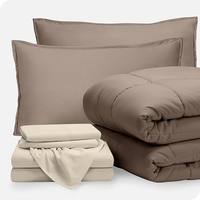Bare Home Bed-in-A-Bag 7 Piece Comforter & Sheet Set - Full XL - Goose Down Alternative - Ultra-Soft 1800 Premium Bed Set (Full XL, Taupe/Sand)