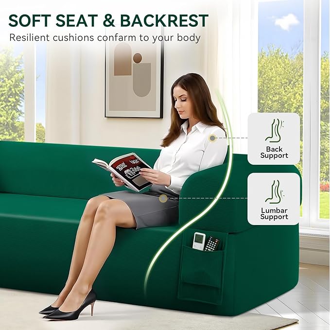 83" Boneless Couch, 3 Seater Sofa with 2 Matching Pillows Compact Corduroy Couches for Living Room Side Storage Pockets, Floor Sofa with Removable Armrests, No Assembly Required, Green