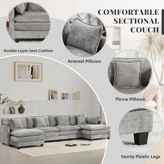 SoarFlash 149.61" Chenille Sectional Sofa, Comfy U Shaped Modular Coush Sofa with Ottoman, Modern 4 Seat Couch Deep Seat Sofa Set for Living Room,Grey