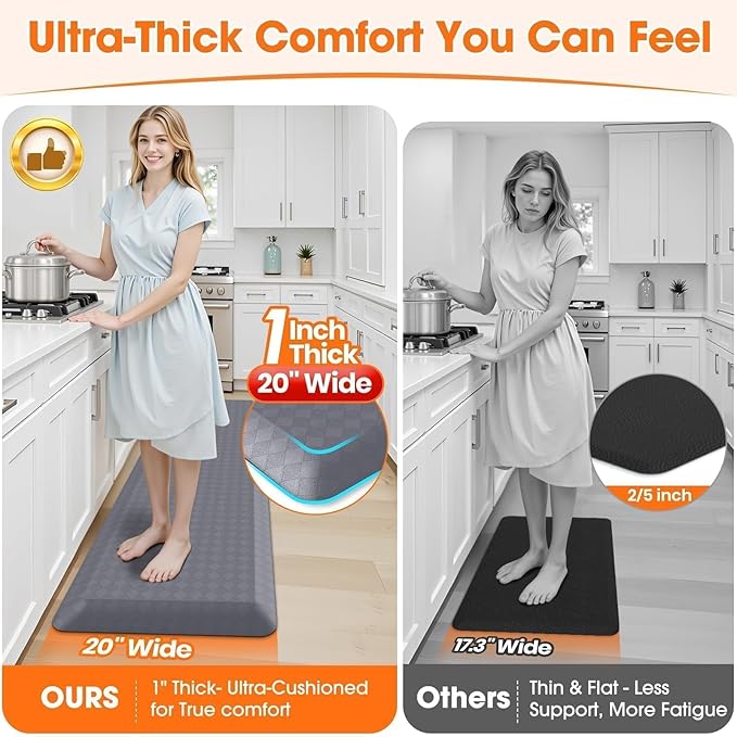 StepRite 1” Thick Kitchen Mats for Floor, Anti Fatigue Kitchen Rugs, Non-Slip,Heavy Duty Waterproof Kitchen Rug, Standing Desk Mat, Gifts for Friends, Family, Home, Kitchen, Office (72" x 20", Grey)