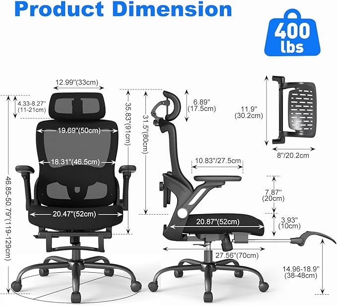 ZZH Ergonomic Office Chair with Footrest, High Back Home Desk Chair with Adjustable Lumbar Support, Headrest, Flip-Up Arms, 90-135° Tilt Lock, Big and Tall Mesh Computer Seating with Wheels