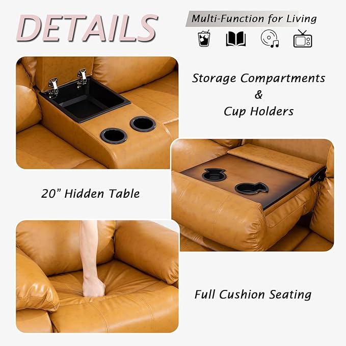 Caberryne Leather Recliner Sofa Set，Leather Reclining Couch for Living Room Furniture Sets，Ginger Recliner Couch with 5 Recliners for Living Room/Office/Theater Seating(Sofa Set 3 Pieces)