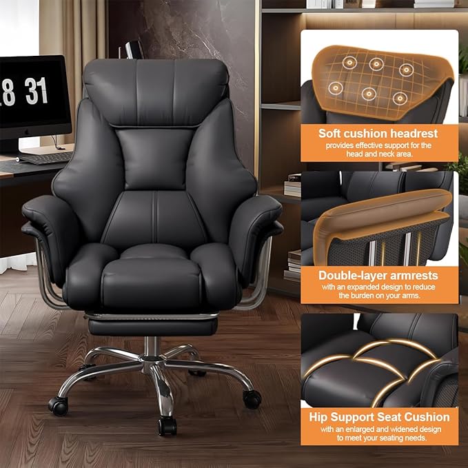 BTFYOU Big and Tall Office Chair with Armrests Executive Chair with Footrest and Spring Lumbar Support High Back Leather Ergonomic Chair Adjustable Height Tilt Lock for Business