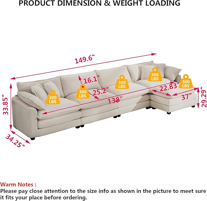 Aoowow Corduroy 4 Seater Cloud Couch with Ottoman,Modern Cloud Couches for Living Room,Modular Sectional Cloud Sofas with Deep Seat,Oversized Tufted L-Shaped Sofa Set (Beige, 4 Seater + 1 Ottoman)