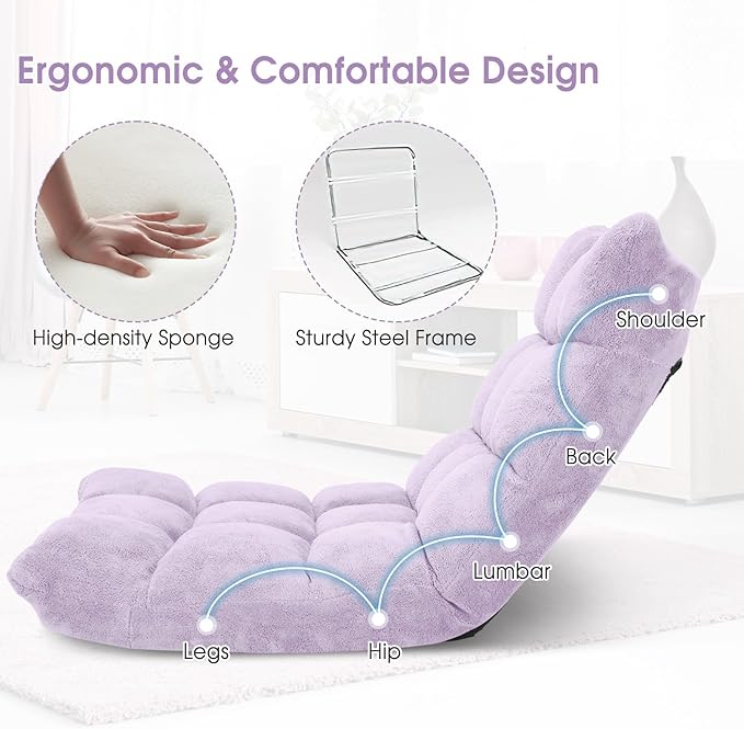 Giantex Floor Chair with Back Support, 14 Adjustable Position, Padded Sleeper Bed, Couch Recliner, Folding Gaming Floor Chairs for Adults, Living Room, Bedroom, Yoga, Meditation, Light Purple