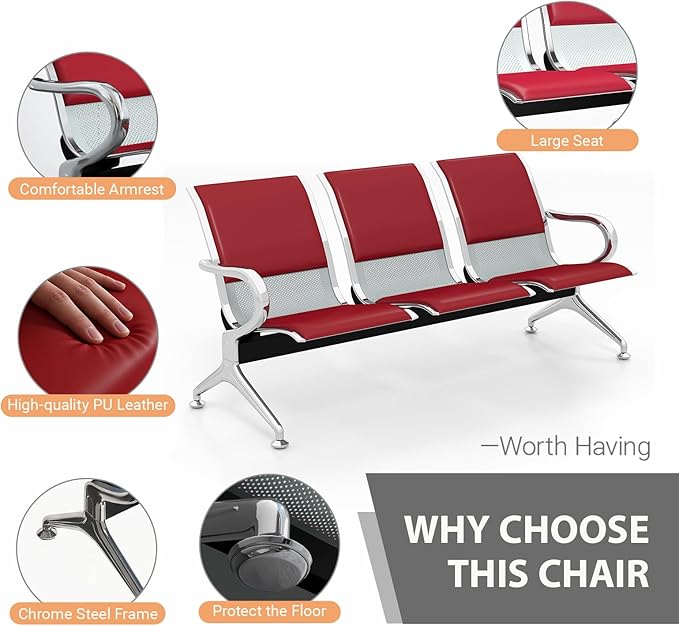 Kinfant Red 12-Seat Waiting Room Chairs with Arms – Heavy-Duty Steel Frame PU Leather Back & Cushioned Seat, Ergonomic Office Reception Guest Chair for Lobby, Clinic, Airport